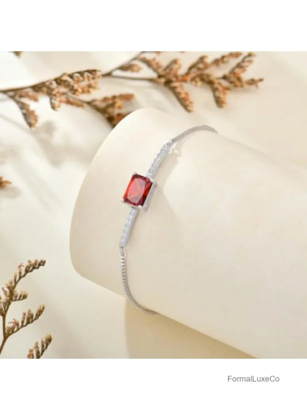 925 Sterling Silver Halo Rectangular Cut Birthstone Bracelet for Her
